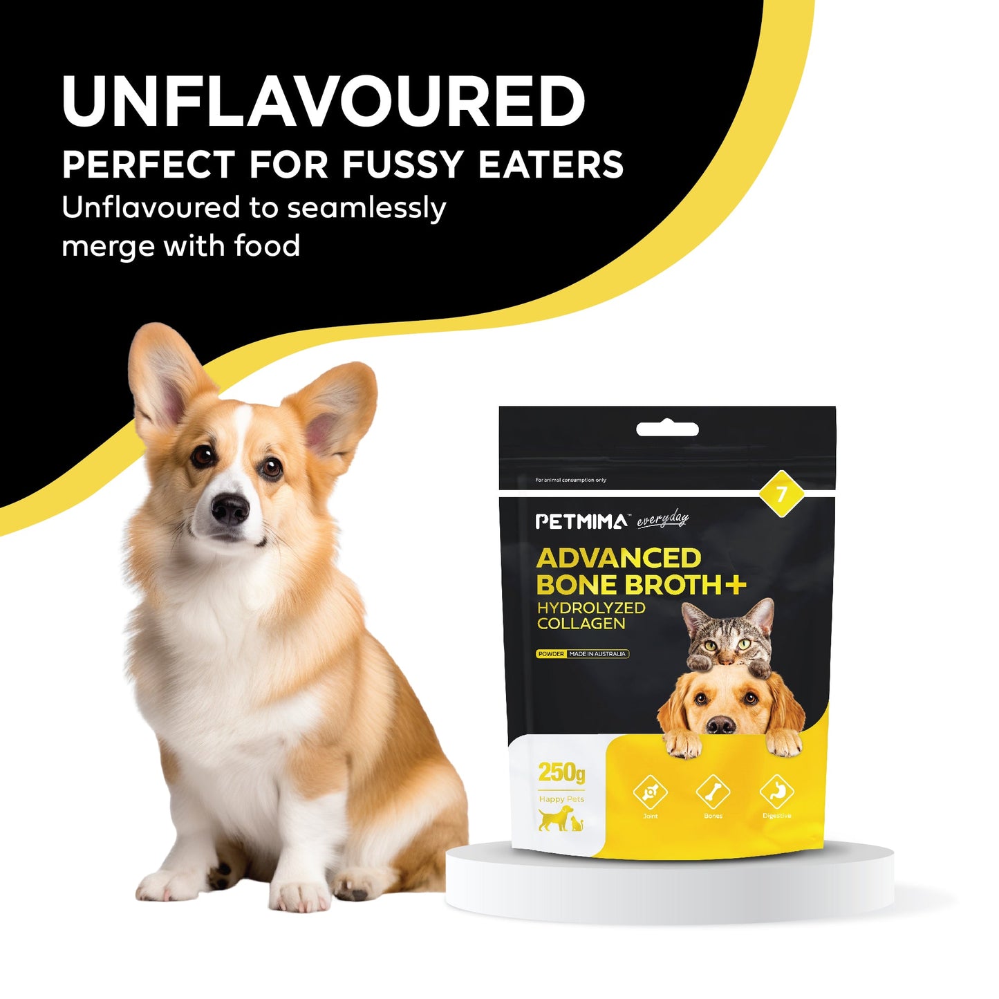 Dog next to a package of joint support for dogs Petmina Advanced Bone Broth+ unflavoured for fussy eaters.
