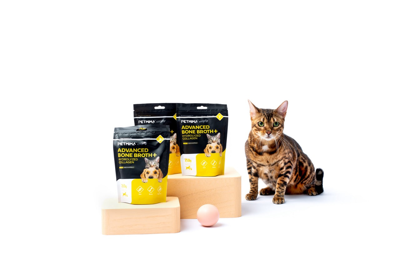 joint supplements for cats with PETMIMA Advanced Bone Broth + Hydrolyzed Collagen packaging