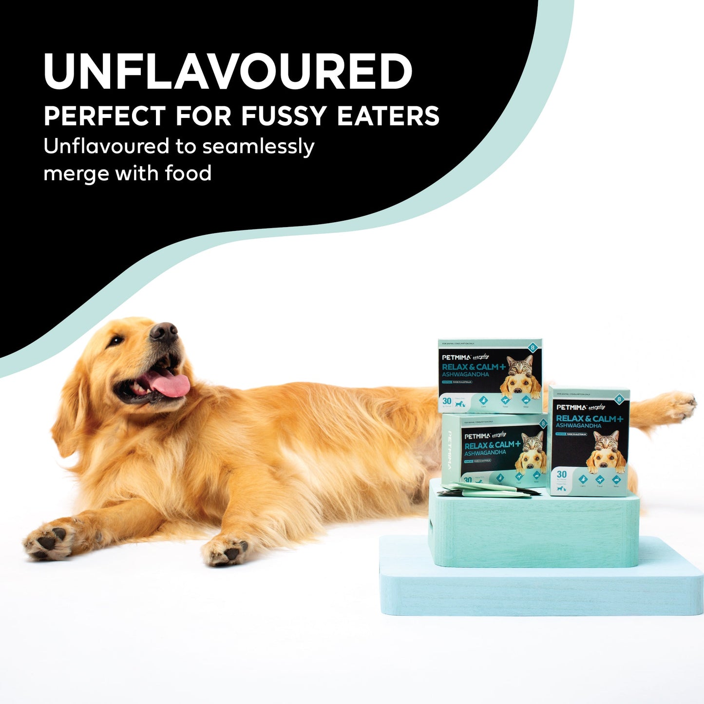 calming supplements for dogs lying next to boxes of stress relief for dogs