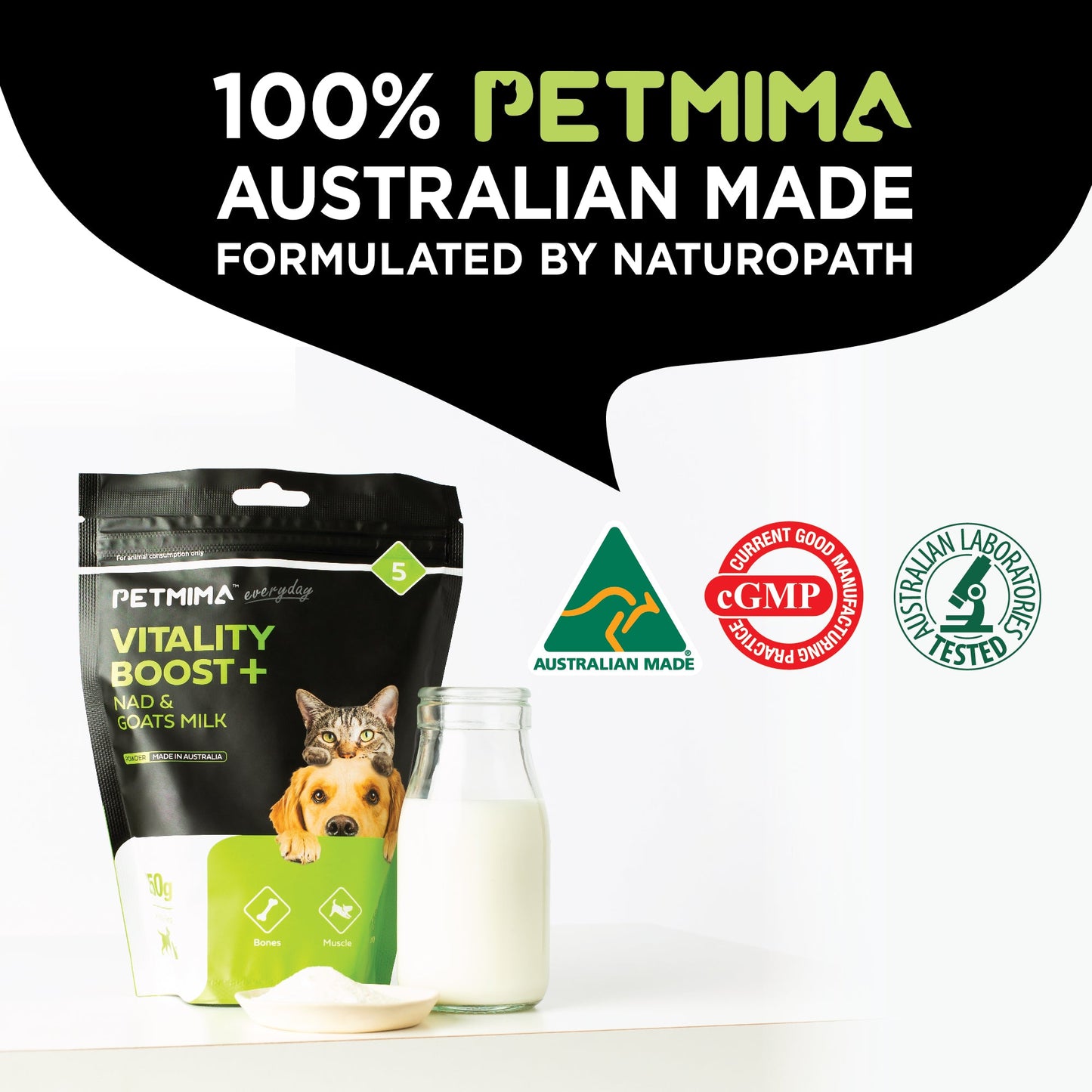 immune booster for dogs & cats with PETMIMA Vitality Boost + NAD & Goats Milk Powder Australian made with certification