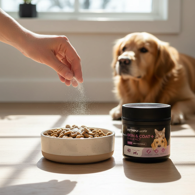 Person adding powder to a bowl of dog food with a golden retriever and a supplement container in the background.
