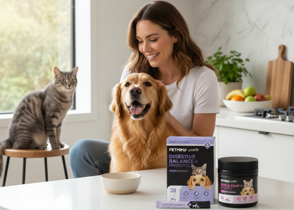 Woman with a dog and cat in a kitchen, pet supplement products on the counter.