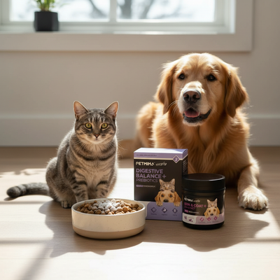 Cat and dog with pet food products on a wooden floor.