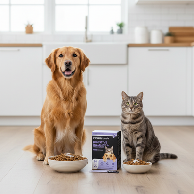 Dog and cat sitting on a kitchen floor with bowls of food and a box of Petlinks products.