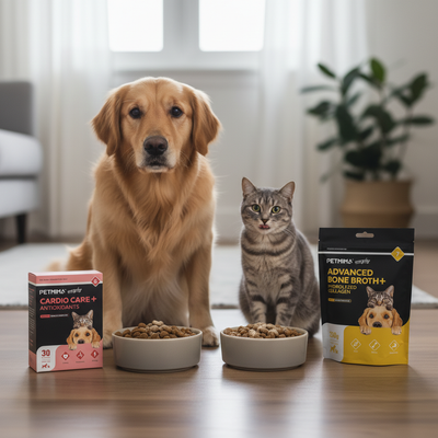 Dog and cat with pet food and supplements on a wooden floor.