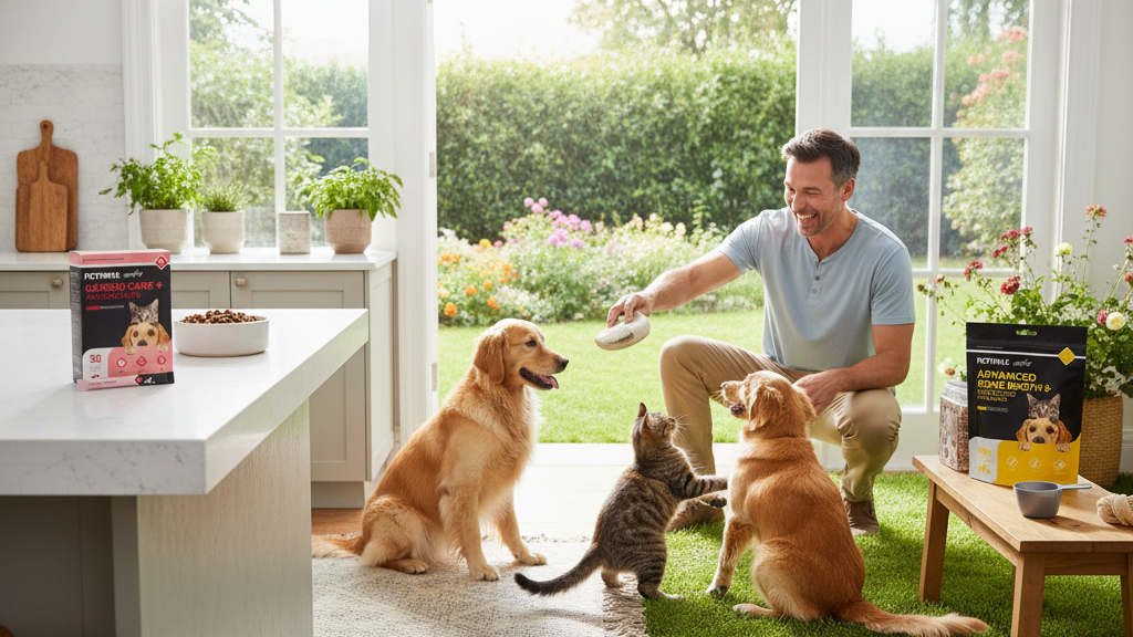 Man with two dogs and a cat in a kitchen with a garden view
