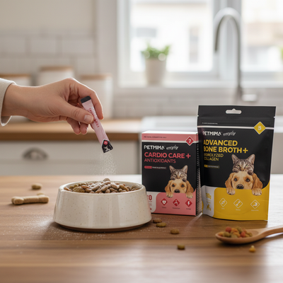 Person adding a supplement to dog food with Petima products in the background.