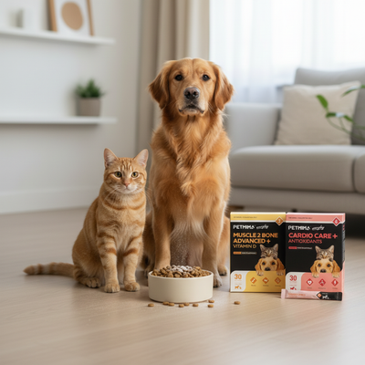 Dog and cat sitting next to a bowl of food and pet supplement boxes in a living room.