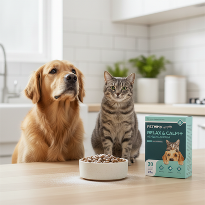 Dog and cat sitting next to a bowl of food and a box of Petmeds Relax & Calm+ supplement in a kitchen.