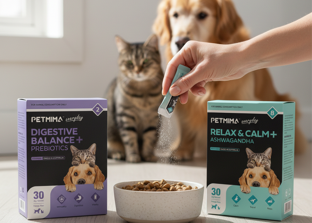 Two boxes of Petmima pet supplements with a dog and cat in the background.
