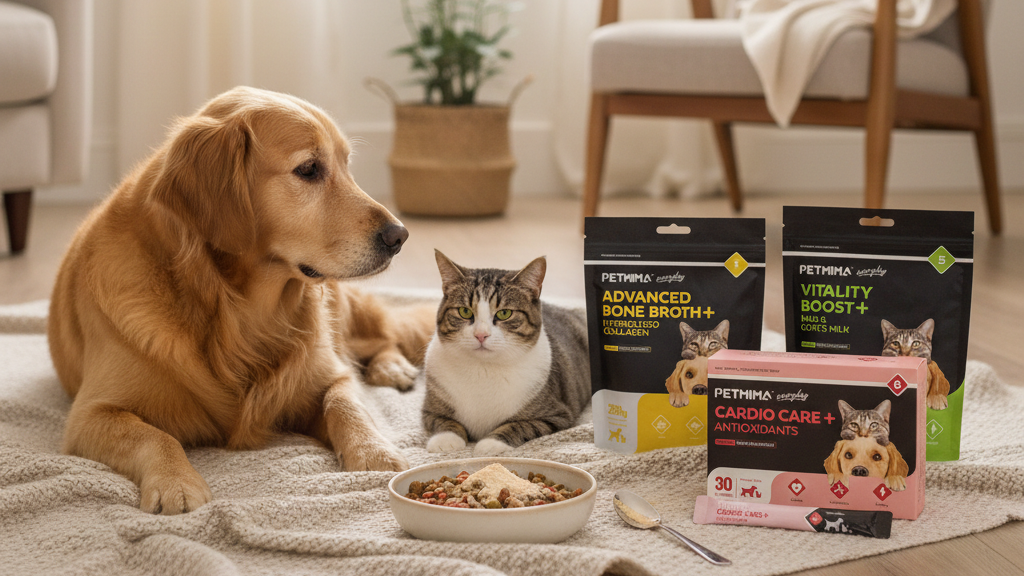 Dog and cat lying on a rug with Petama pet food packages in the background