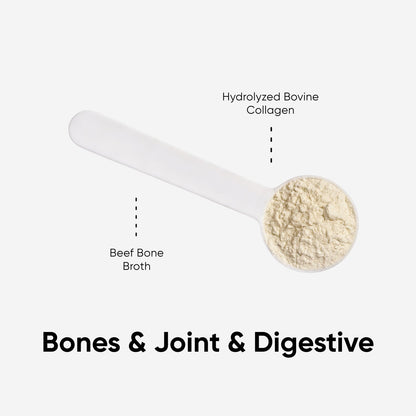 Spoon with hydrolyzed bovine collagen and beef bone broth, labeled for dog joint supplement 