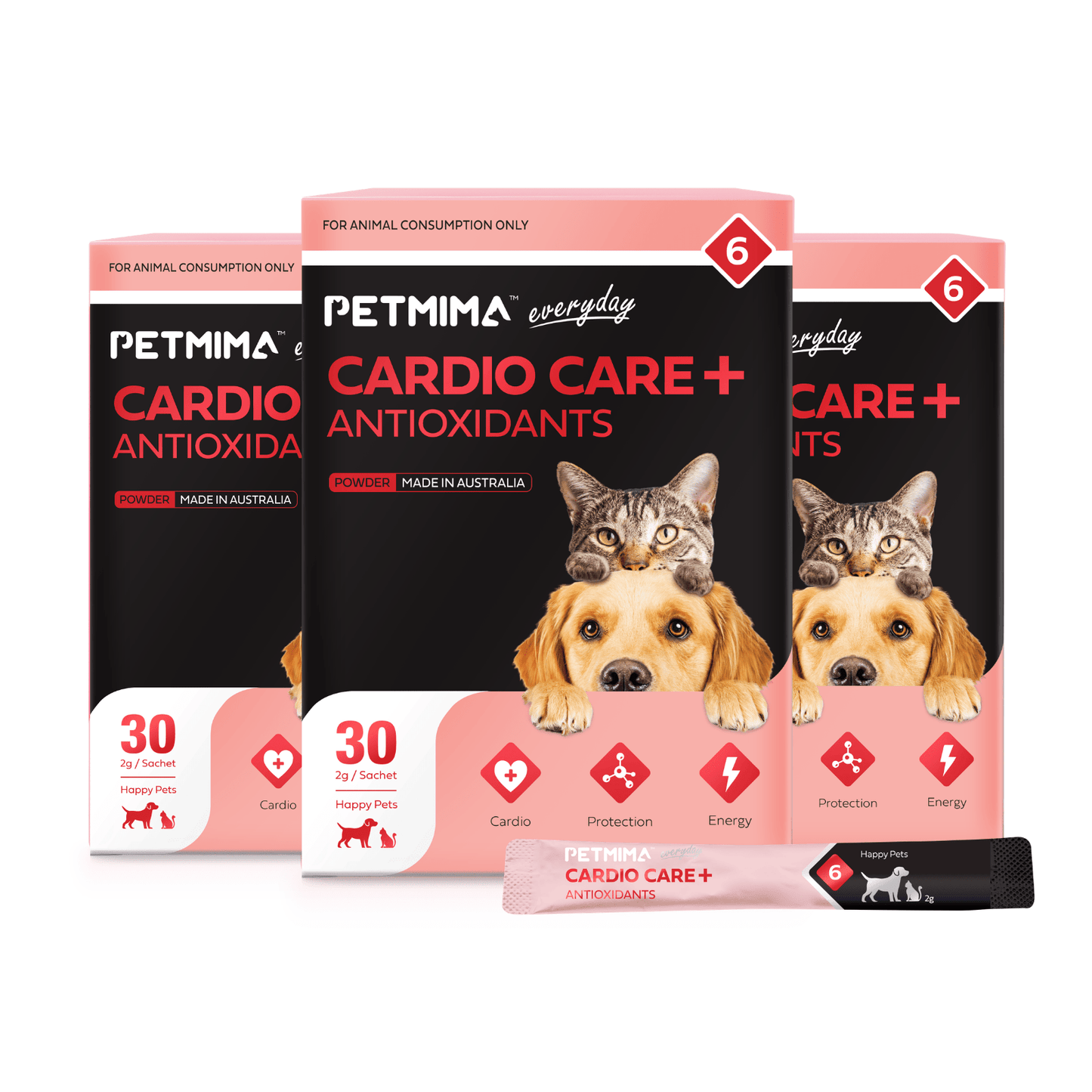 Petmina Cardio Care + Antioxidants pet food packages with a cat and dog