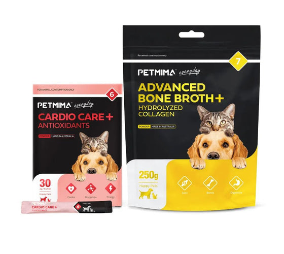 Petmima CoQ10, fish oil and vitamin E for heart health, plus hydrolyzed collagen and bone broth for joint support and mobility in dogs and cats