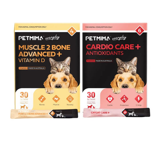 Petmima vitamin D3, calcium and magnesium for bone strength and muscle support, plus CoQ10, fish oil and vitamin E for heart health and energy in dogs and cats