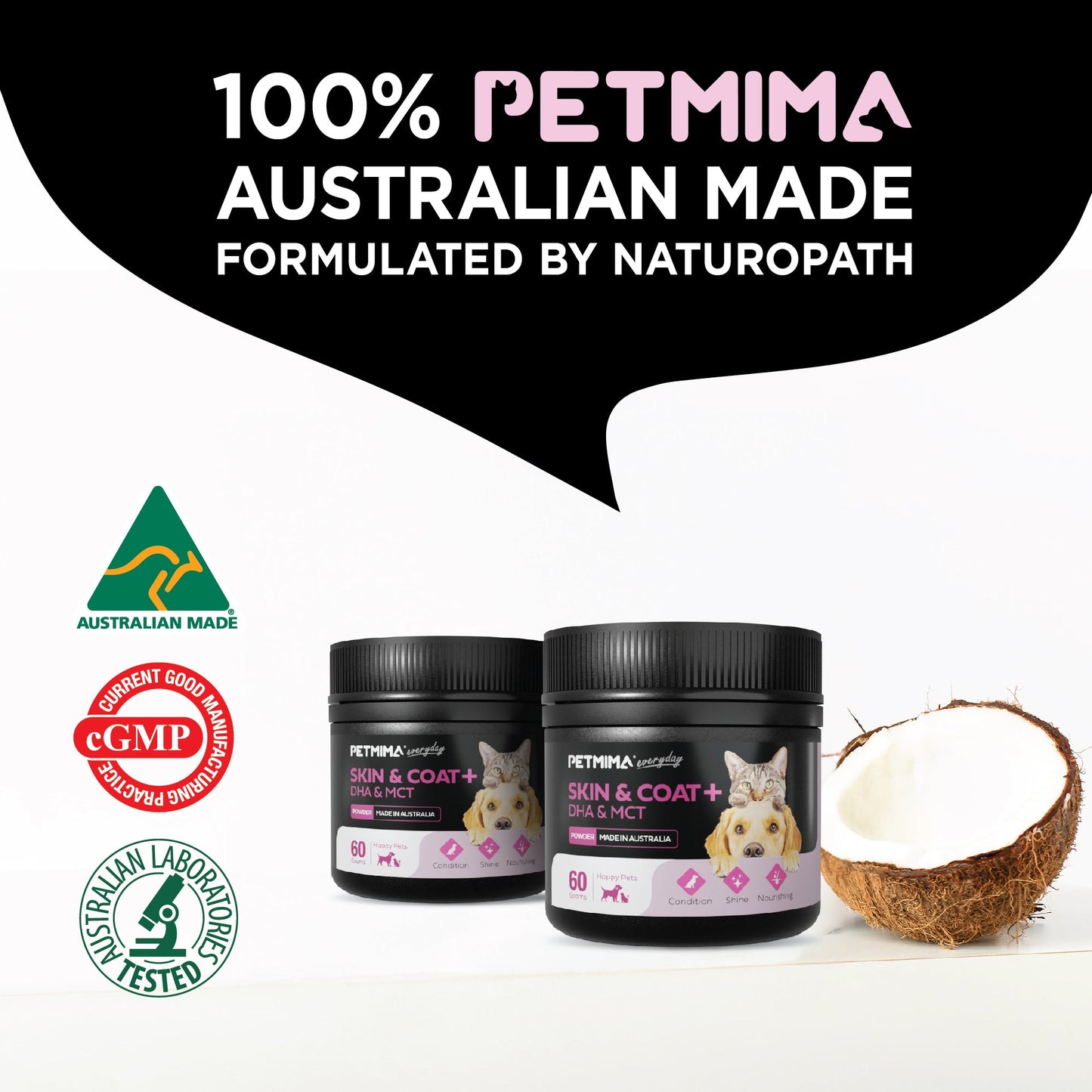 Petmima skin and coat supplement for dogs & cats with Australian Made, GMP, and Australian Laboratory Tested logos.