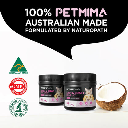 Petmima skin and coat supplement for dogs & cats with Australian Made, GMP, and Australian Laboratory Tested logos.