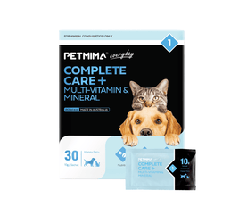 Petmina Complete Care Multi-Vitamin & Mineral package with a dog and cat on the packaging.
