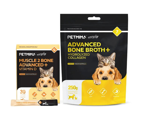 Petmima collagen and bone broth for joint support and mobility, plus vitamin D3, calcium and magnesium for bone strength and muscle support in dogs and cats