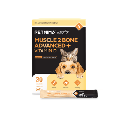 PETMIMA Muscle 2 Bone Advanced + Vitamin D supplement package for pets on a white background