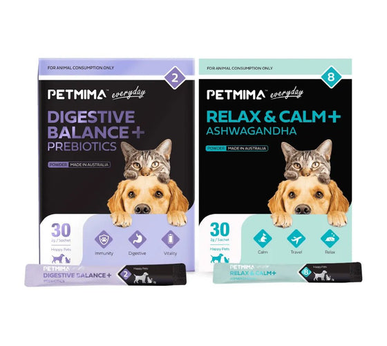 Petmima probiotics, inulin and FOS for digestive health and gut balance, plus ashwagandha, L-theanine and chamomile for stress relief and calm behaviour in dogs and cats