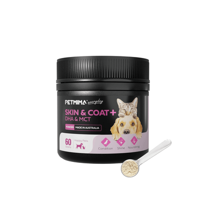 Petmina Skin & Coat Plus DHA & MCT powder container with a scoop