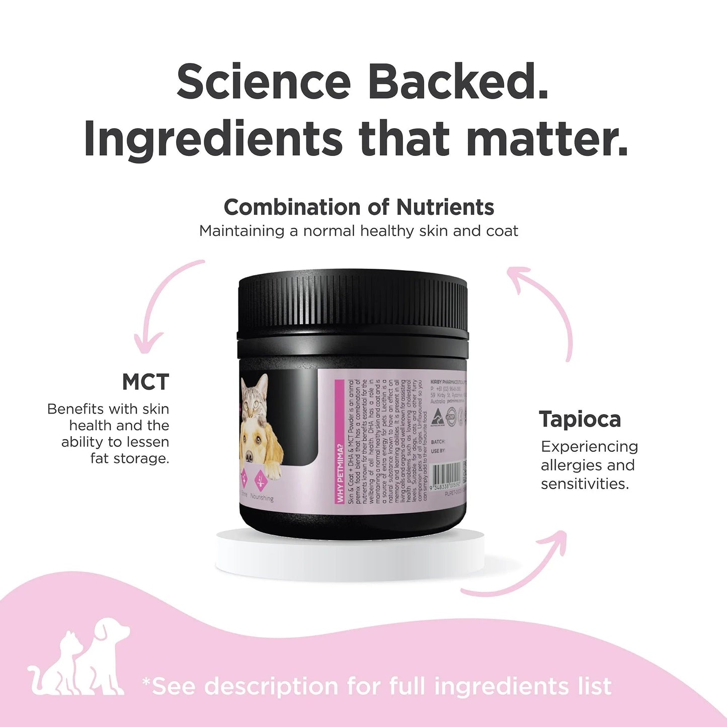 skin supplements for dogs & cats science backed ingredients with text about tapioca and its benefits for skin health.