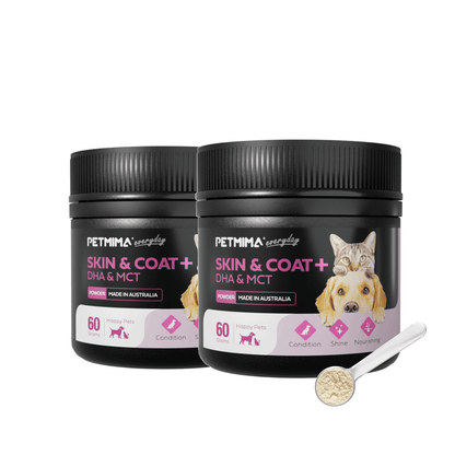 Two bottles of PETMIMA Skin & Coat Plus powder with a spoonful of powder