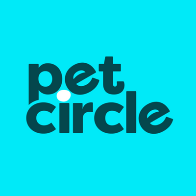 Pet Circle logo on a blue background. Small white dog running on a grassy field. Petmima pet supplies inspiration for pet care.