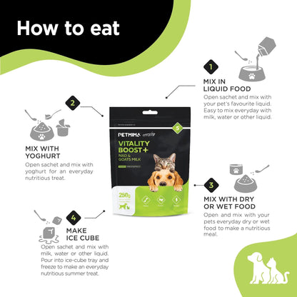 immune booster for dogs & cats Instructions on how to use Petima Vitality Boost+ goat's milk for pets.