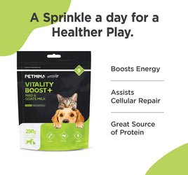 immune booster for dogs & cats benefits with PETMIMA Vitality Boost+ NADS & Goats Milk packaging