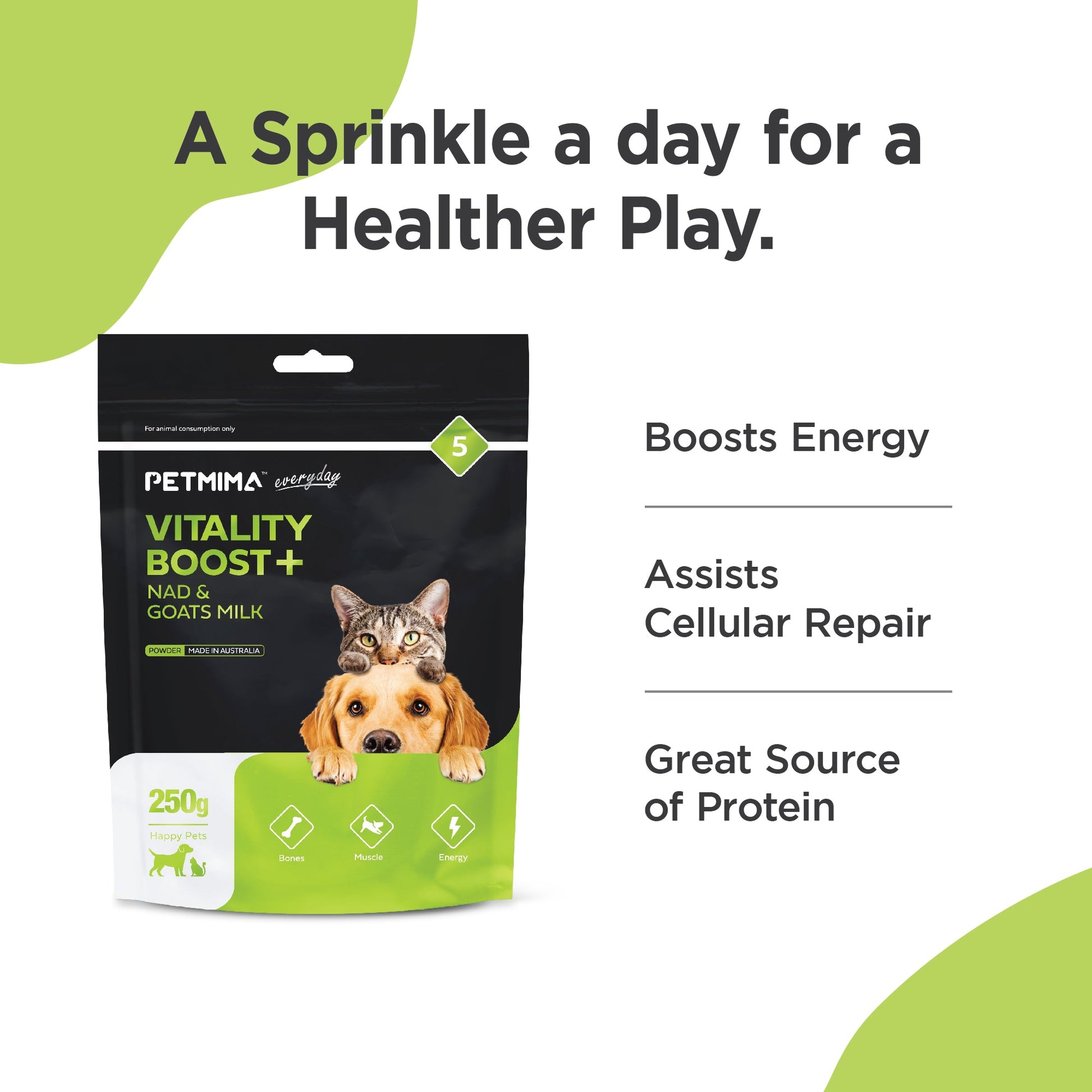 immune booster for dogs & cats benefits with PETMIMA Vitality Boost+ NADS & Goats Milk packaging