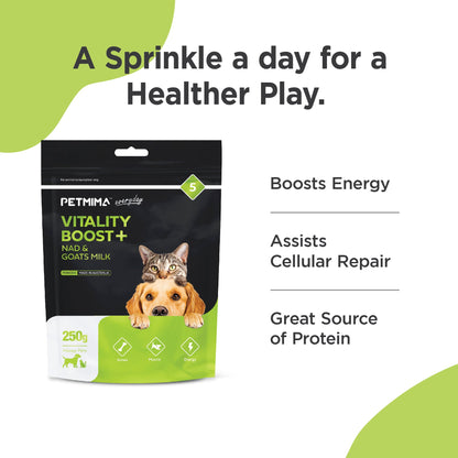 immune booster for dogs & cats benefits with PETMIMA Vitality Boost+ NADS & Goats Milk packaging
