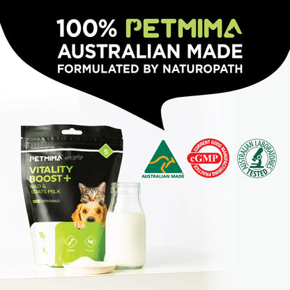 immune booster for dogs & cats with PETMIMA Vitality Boost + NAD & Goats Milk Powder Australian made with certification