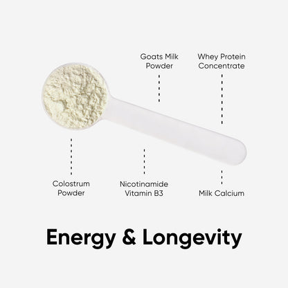 Spoon with 'Goats Milk Powder', 'Whey Protein Concentrate', 'Colostrum Powder', 'Nicotinamide Vitamin B3', and 'Milk Calcium' senior supplements for dogs and cats