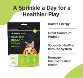 immune booster for dogs & cats benefits with PETMIMA Vitality Boost+ NADS & Goats Milk packaging