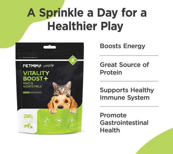 immune booster for dogs & cats benefits with PETMIMA Vitality Boost+ NADS & Goats Milk packaging