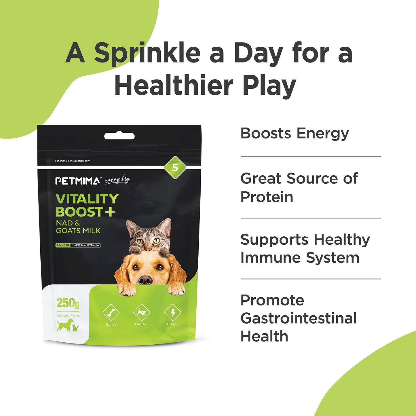 immune booster for dogs & cats benefits with PETMIMA Vitality Boost+ NADS & Goats Milk packaging